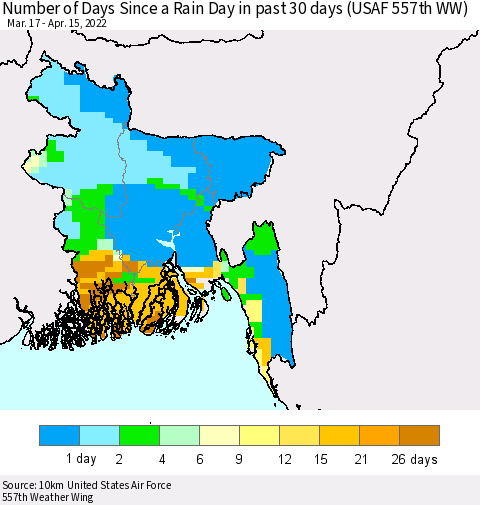 Bangladesh Number of Days Since a Rain Day in past 30 days (USAF 557th WW) Thematic Map For 4/11/2022 - 4/15/2022