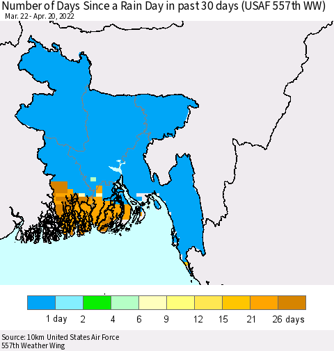 Bangladesh Number of Days Since a Rain Day in past 30 days (USAF 557th WW) Thematic Map For 4/16/2022 - 4/20/2022