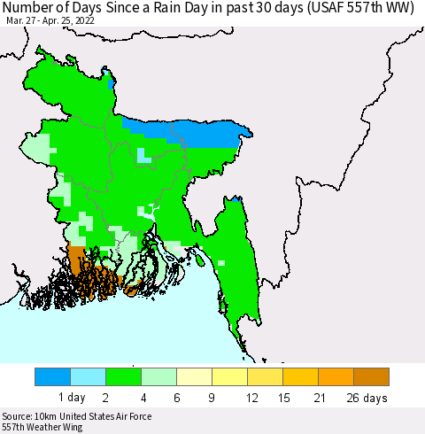 Bangladesh Number of Days Since a Rain Day in past 30 days (USAF 557th WW) Thematic Map For 4/21/2022 - 4/25/2022