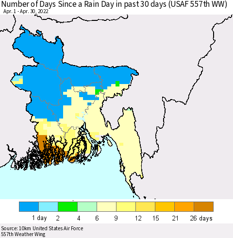 Bangladesh Number of Days Since a Rain Day in past 30 days (USAF 557th WW) Thematic Map For 4/26/2022 - 4/30/2022