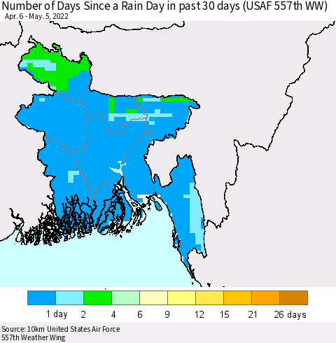 Bangladesh Number of Days Since a Rain Day in past 30 days (USAF 557th WW) Thematic Map For 5/1/2022 - 5/5/2022