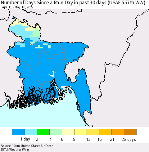 Bangladesh Number of Days Since a Rain Day in past 30 days (USAF 557th WW) Thematic Map For 5/6/2022 - 5/10/2022