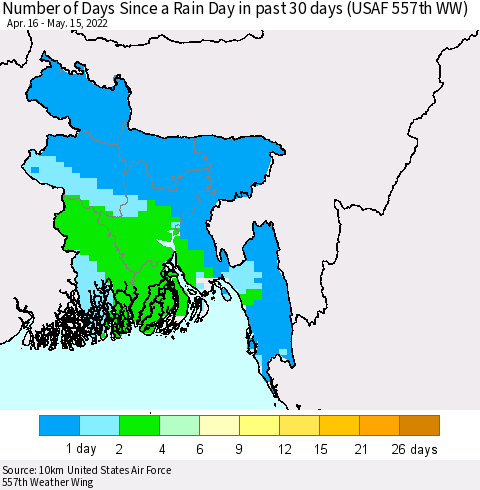 Bangladesh Number of Days Since a Rain Day in past 30 days (USAF 557th WW) Thematic Map For 5/11/2022 - 5/15/2022