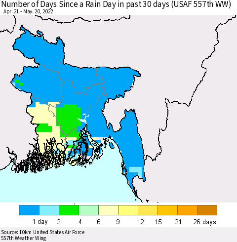 Bangladesh Number of Days Since a Rain Day in past 30 days (USAF 557th WW) Thematic Map For 5/16/2022 - 5/20/2022