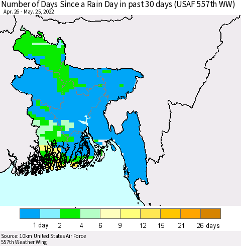 Bangladesh Number of Days Since a Rain Day in past 30 days (USAF 557th WW) Thematic Map For 5/21/2022 - 5/25/2022
