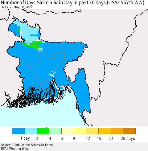 Bangladesh Number of Days Since a Rain Day in past 30 days (USAF 557th WW) Thematic Map For 5/26/2022 - 5/31/2022
