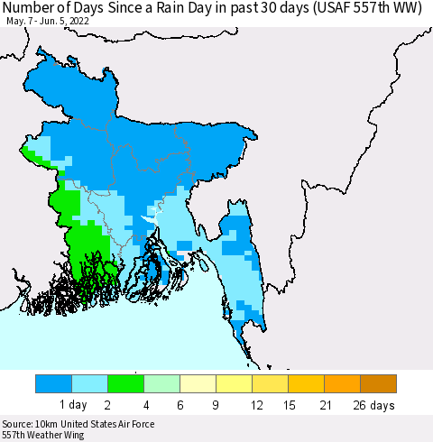 Bangladesh Number of Days Since a Rain Day in past 30 days (USAF 557th WW) Thematic Map For 6/1/2022 - 6/5/2022