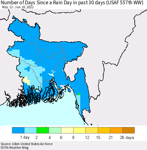 Bangladesh Number of Days Since a Rain Day in past 30 days (USAF 557th WW) Thematic Map For 6/6/2022 - 6/10/2022