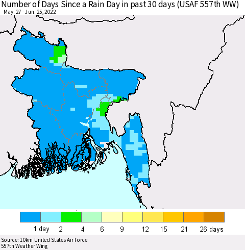 Bangladesh Number of Days Since a Rain Day in past 30 days (USAF 557th WW) Thematic Map For 6/21/2022 - 6/25/2022