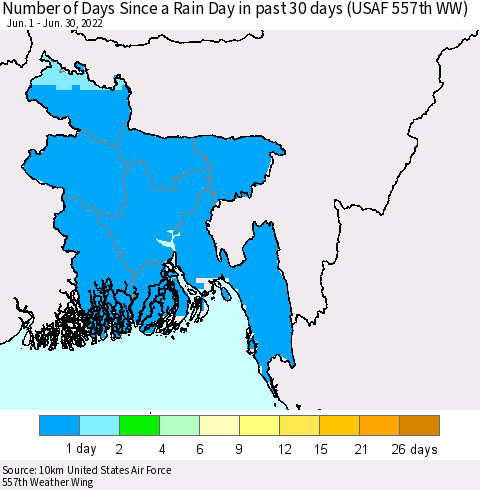 Bangladesh Number of Days Since a Rain Day in past 30 days (USAF 557th WW) Thematic Map For 6/26/2022 - 6/30/2022