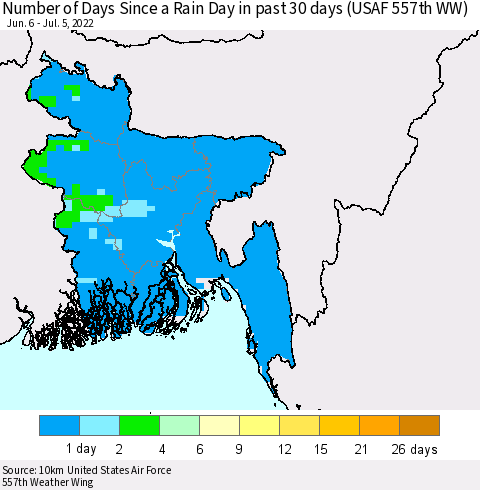 Bangladesh Number of Days Since a Rain Day in past 30 days (USAF 557th WW) Thematic Map For 7/1/2022 - 7/5/2022