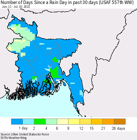 Bangladesh Number of Days Since a Rain Day in past 30 days (USAF 557th WW) Thematic Map For 7/6/2022 - 7/10/2022