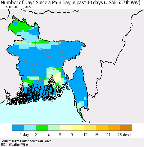 Bangladesh Number of Days Since a Rain Day in past 30 days (USAF 557th WW) Thematic Map For 7/11/2022 - 7/15/2022
