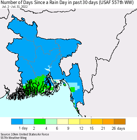 Bangladesh Number of Days Since a Rain Day in past 30 days (USAF 557th WW) Thematic Map For 7/26/2022 - 7/31/2022