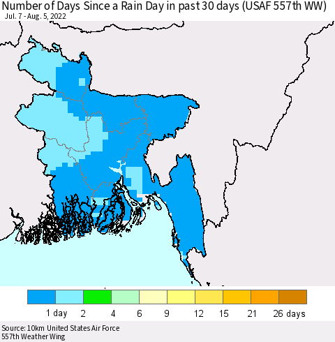 Bangladesh Number of Days Since a Rain Day in past 30 days (USAF 557th WW) Thematic Map For 8/1/2022 - 8/5/2022