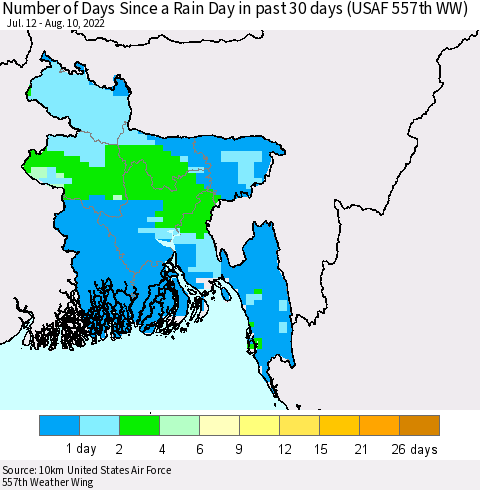 Bangladesh Number of Days Since a Rain Day in past 30 days (USAF 557th WW) Thematic Map For 8/6/2022 - 8/10/2022
