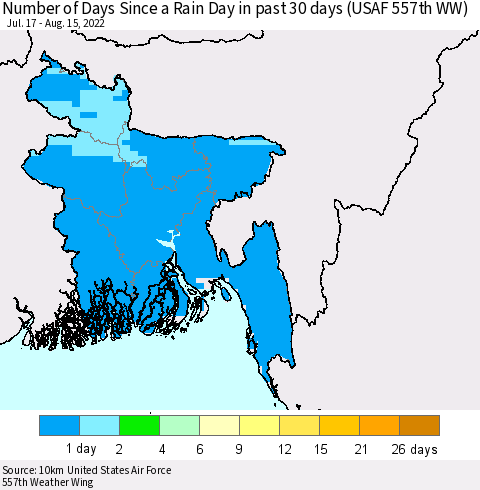 Bangladesh Number of Days Since a Rain Day in past 30 days (USAF 557th WW) Thematic Map For 8/11/2022 - 8/15/2022
