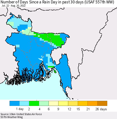 Bangladesh Number of Days Since a Rain Day in past 30 days (USAF 557th WW) Thematic Map For 8/16/2022 - 8/20/2022