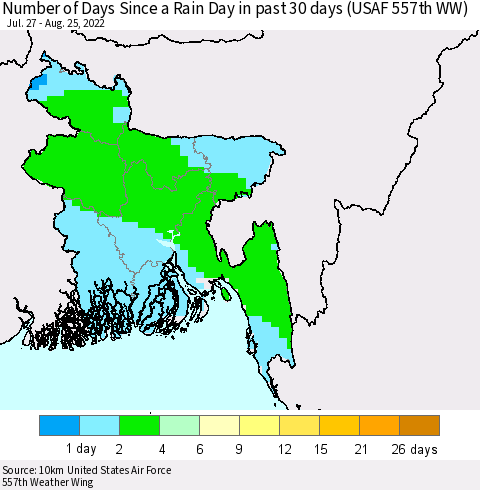 Bangladesh Number of Days Since a Rain Day in past 30 days (USAF 557th WW) Thematic Map For 8/21/2022 - 8/25/2022