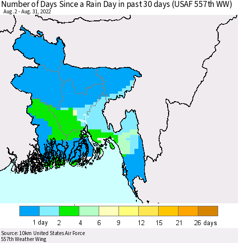 Bangladesh Number of Days Since a Rain Day in past 30 days (USAF 557th WW) Thematic Map For 8/26/2022 - 8/31/2022