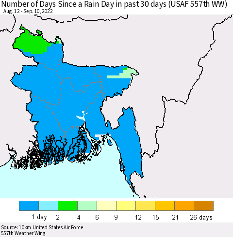 Bangladesh Number of Days Since a Rain Day in past 30 days (USAF 557th WW) Thematic Map For 9/6/2022 - 9/10/2022