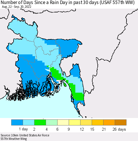 Bangladesh Number of Days Since a Rain Day in past 30 days (USAF 557th WW) Thematic Map For 9/16/2022 - 9/20/2022