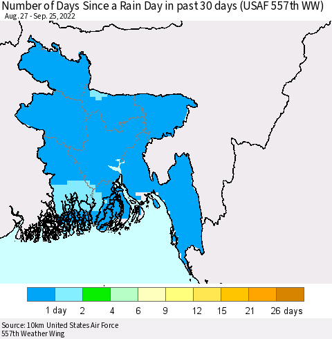 Bangladesh Number of Days Since a Rain Day in past 30 days (USAF 557th WW) Thematic Map For 9/21/2022 - 9/25/2022