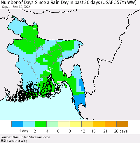 Bangladesh Number of Days Since a Rain Day in past 30 days (USAF 557th WW) Thematic Map For 9/26/2022 - 9/30/2022