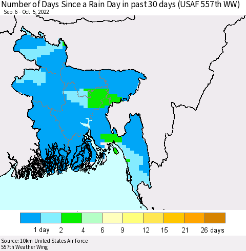 Bangladesh Number of Days Since a Rain Day in past 30 days (USAF 557th WW) Thematic Map For 10/1/2022 - 10/5/2022