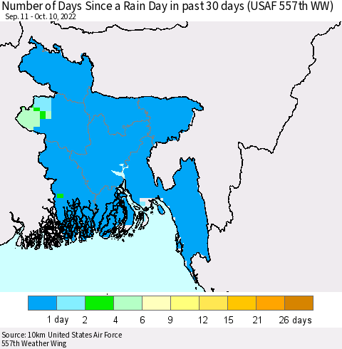 Bangladesh Number of Days Since a Rain Day in past 30 days (USAF 557th WW) Thematic Map For 10/6/2022 - 10/10/2022