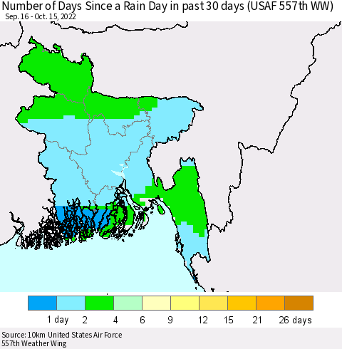 Bangladesh Number of Days Since a Rain Day in past 30 days (USAF 557th WW) Thematic Map For 10/11/2022 - 10/15/2022