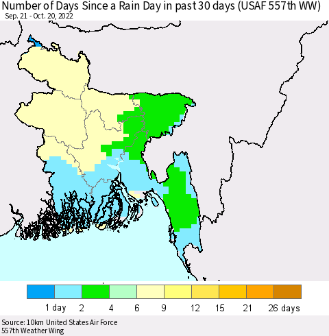 Bangladesh Number of Days Since a Rain Day in past 30 days (USAF 557th WW) Thematic Map For 10/16/2022 - 10/20/2022