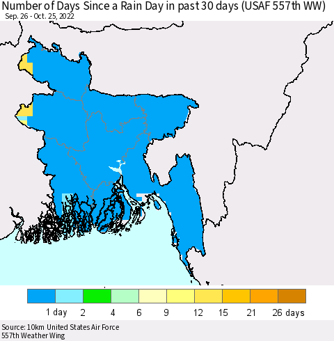 Bangladesh Number of Days Since a Rain Day in past 30 days (USAF 557th WW) Thematic Map For 10/21/2022 - 10/25/2022