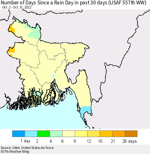 Bangladesh Number of Days Since a Rain Day in past 30 days (USAF 557th WW) Thematic Map For 10/26/2022 - 10/31/2022