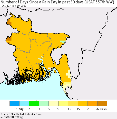 Bangladesh Number of Days Since a Rain Day in past 30 days (USAF 557th WW) Thematic Map For 11/6/2022 - 11/10/2022