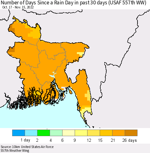 Bangladesh Number of Days Since a Rain Day in past 30 days (USAF 557th WW) Thematic Map For 11/11/2022 - 11/15/2022