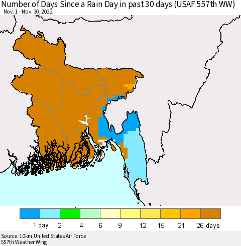 Bangladesh Number of Days Since a Rain Day in past 30 days (USAF 557th WW) Thematic Map For 11/26/2022 - 11/30/2022