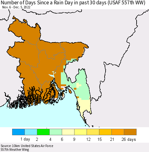 Bangladesh Number of Days Since a Rain Day in past 30 days (USAF 557th WW) Thematic Map For 12/1/2022 - 12/5/2022