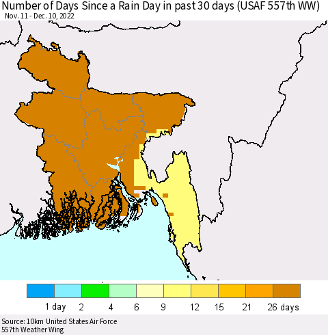 Bangladesh Number of Days Since a Rain Day in past 30 days (USAF 557th WW) Thematic Map For 12/6/2022 - 12/10/2022