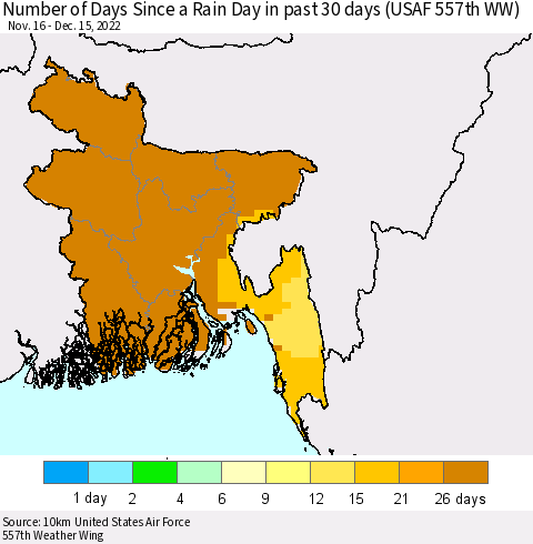 Bangladesh Number of Days Since a Rain Day in past 30 days (USAF 557th WW) Thematic Map For 12/11/2022 - 12/15/2022