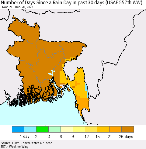 Bangladesh Number of Days Since a Rain Day in past 30 days (USAF 557th WW) Thematic Map For 12/16/2022 - 12/20/2022