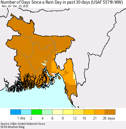 Bangladesh Number of Days Since a Rain Day in past 30 days (USAF 557th WW) Thematic Map For 12/21/2022 - 12/25/2022