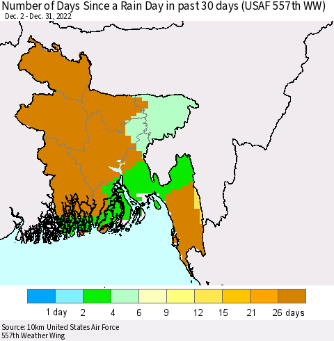 Bangladesh Number of Days Since a Rain Day in past 30 days (USAF 557th WW) Thematic Map For 12/26/2022 - 12/31/2022