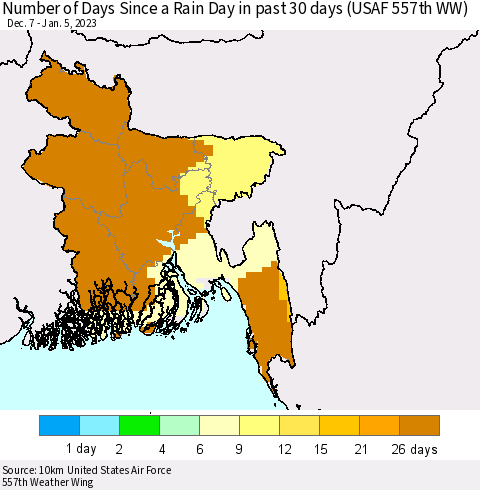 Bangladesh Number of Days Since a Rain Day in past 30 days (USAF 557th WW) Thematic Map For 1/1/2023 - 1/5/2023