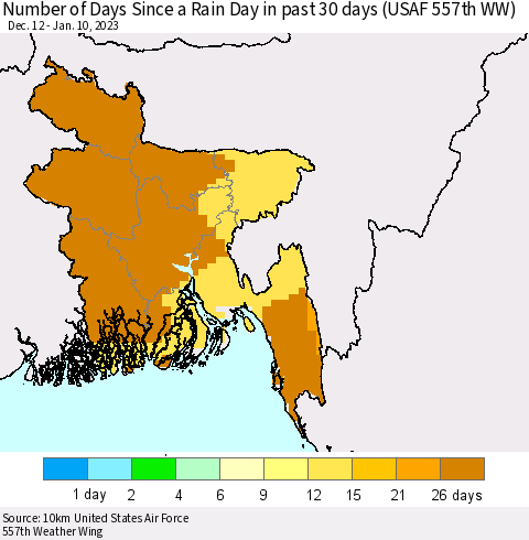 Bangladesh Number of Days Since a Rain Day in past 30 days (USAF 557th WW) Thematic Map For 1/6/2023 - 1/10/2023