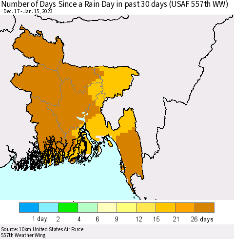 Bangladesh Number of Days Since a Rain Day in past 30 days (USAF 557th WW) Thematic Map For 1/11/2023 - 1/15/2023