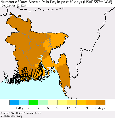 Bangladesh Number of Days Since a Rain Day in past 30 days (USAF 557th WW) Thematic Map For 1/16/2023 - 1/20/2023