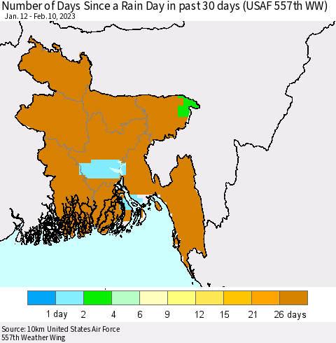 Bangladesh Number of Days Since a Rain Day in past 30 days (USAF 557th WW) Thematic Map For 2/6/2023 - 2/10/2023