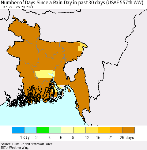 Bangladesh Number of Days Since a Rain Day in past 30 days (USAF 557th WW) Thematic Map For 2/16/2023 - 2/20/2023