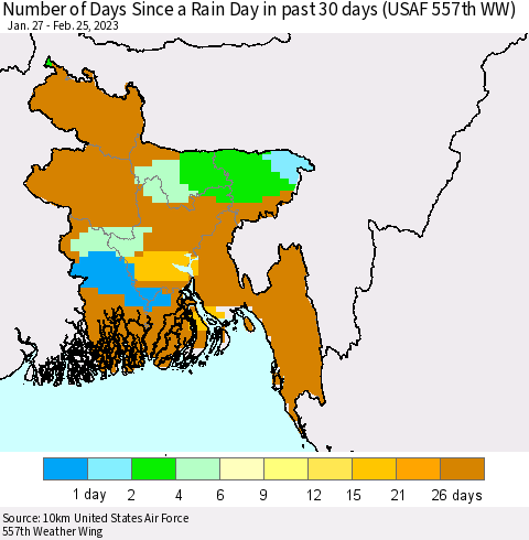 Bangladesh Number of Days Since a Rain Day in past 30 days (USAF 557th WW) Thematic Map For 2/21/2023 - 2/25/2023